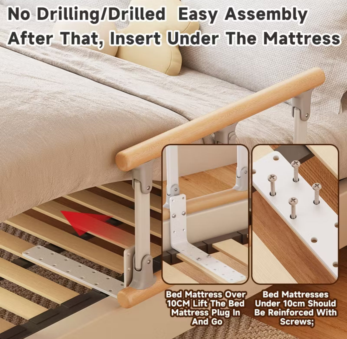 Folding Bed Rails Safety Bed Assist Rail with Adjustable Heights (59cmx37cm)