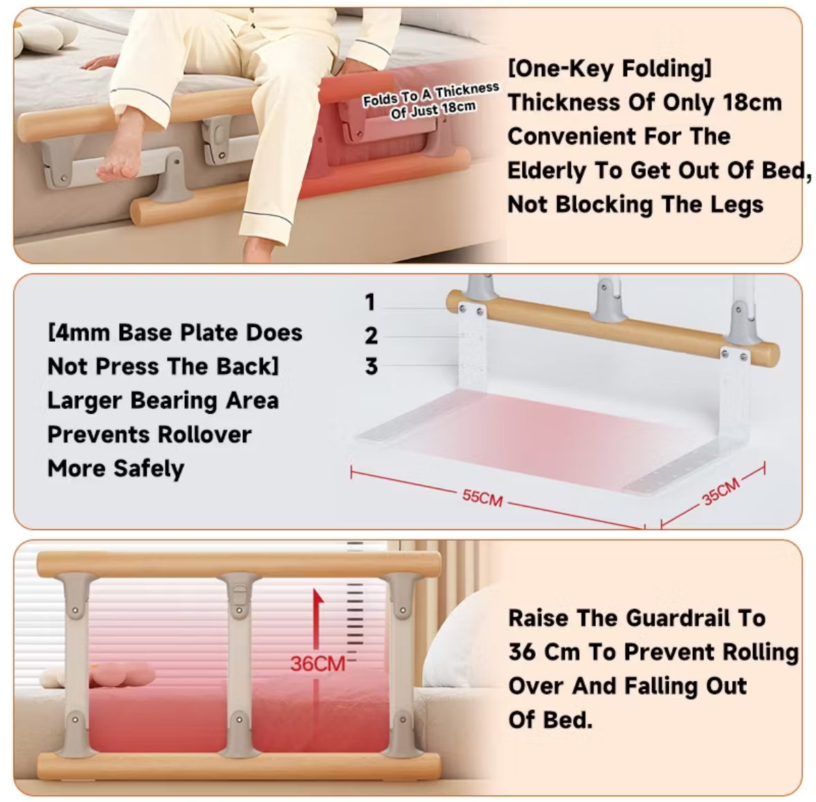 Folding Bed Rails Safety Bed Assist Rail with Adjustable Heights (59cmx37cm)