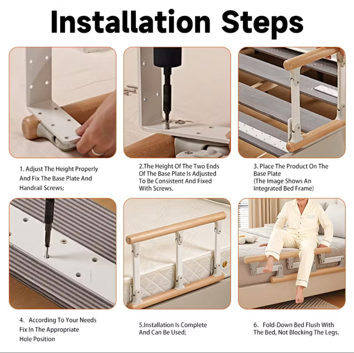 Folding Bed Rails Safety Bed Assist Rail with Adjustable Heights (59cmx37cm)
